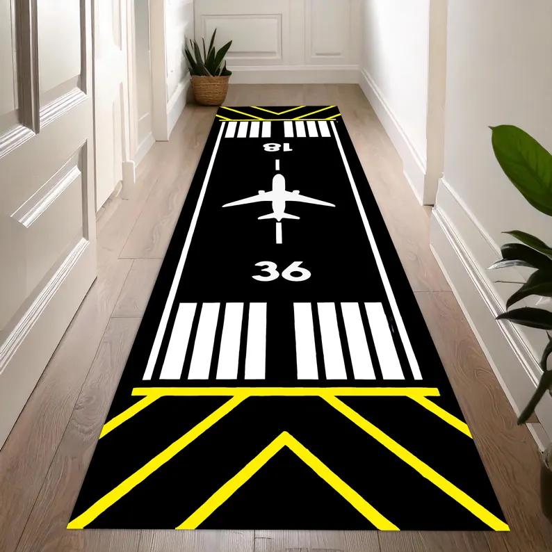 Airplane Runway Runner Rug Glow-Inspired Airport Hallway Carpet for Kids Pilot Gift Aviation Themed Modern Floor Mat Bedroom