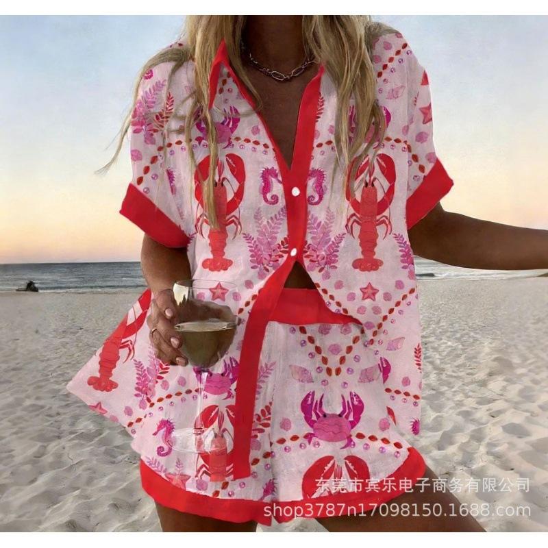 Conjunto de pantalones cortos de playa y camisa de manga corta para mujer, multicolor, vida marina, ocio, vacaciones, conjunto de dos piezas
