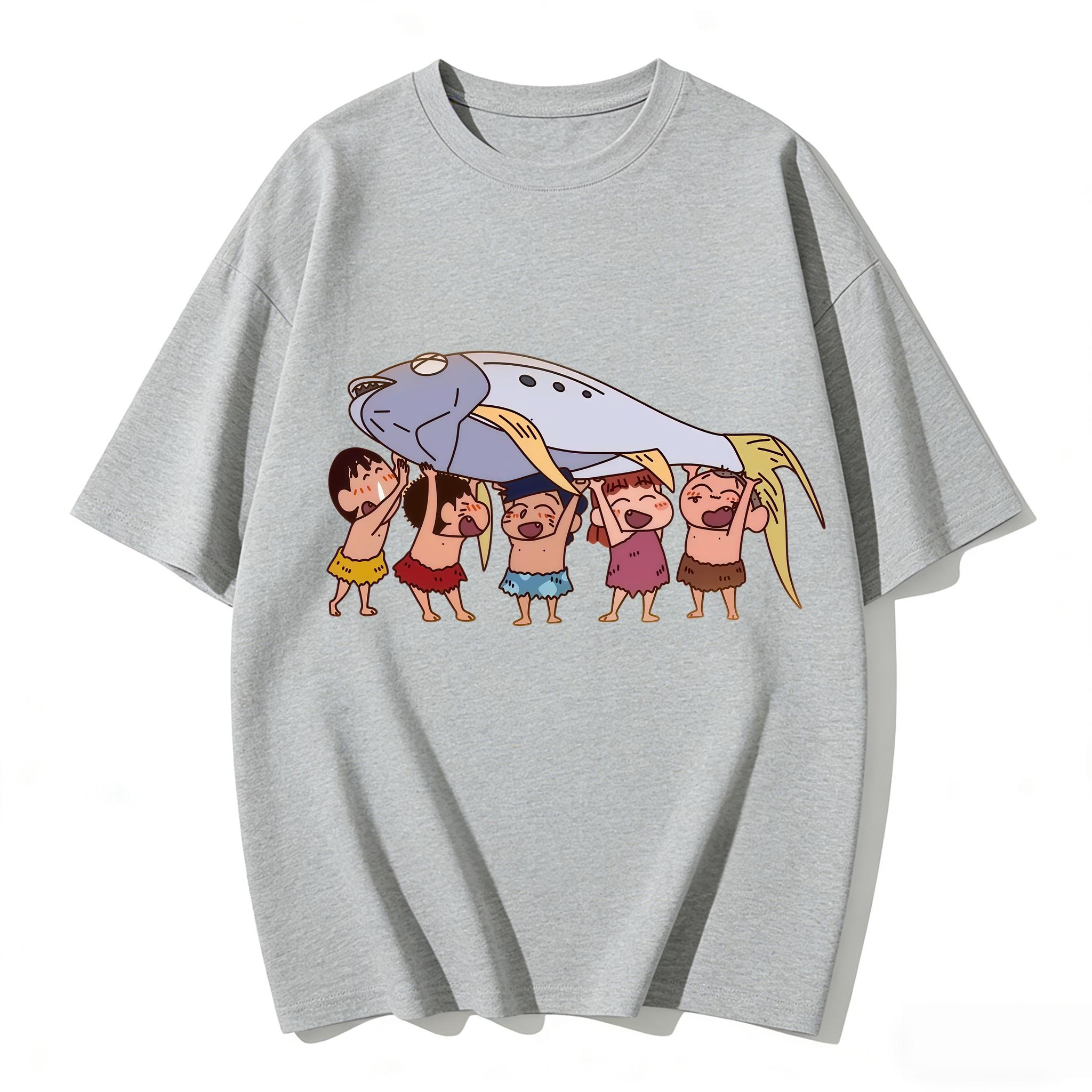 

2026 New Shinchan Giant Fish Print TShirt Cute Anime Cartoon Couple Matching Tees Loose Casual Cotton Short Sleeve Tops Unisex S