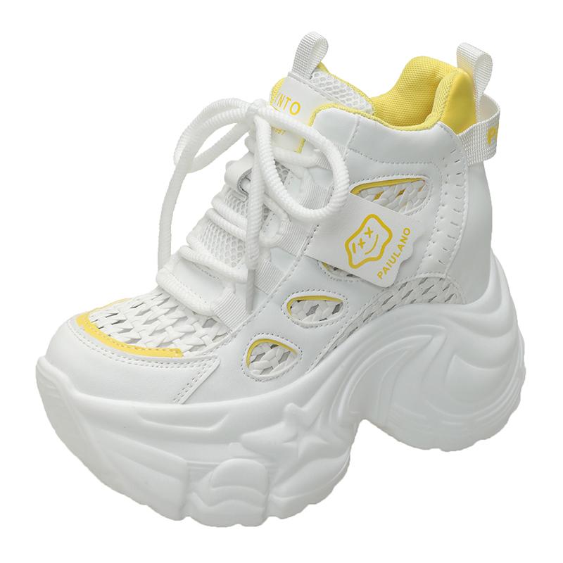 Fashion New 2025 Chunky Leather Sneakers Summer Lace-up Casual Vulcanized Shoes Woman High Platform Breathable Mesh Sport Dad Shoes 10CM