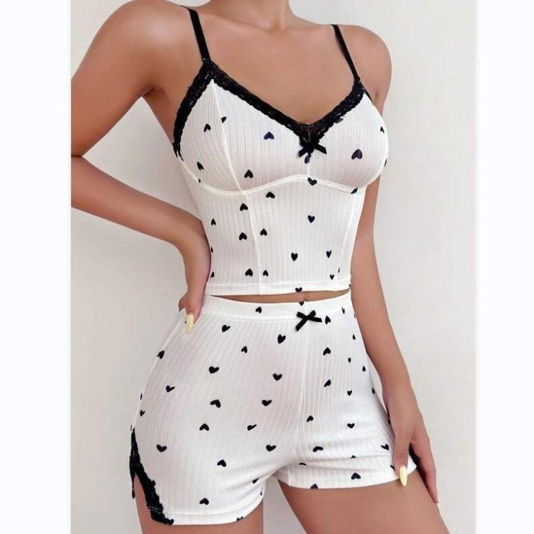 Casual Lace Bow Suspender Shorts Ladies Loungewear Set, New