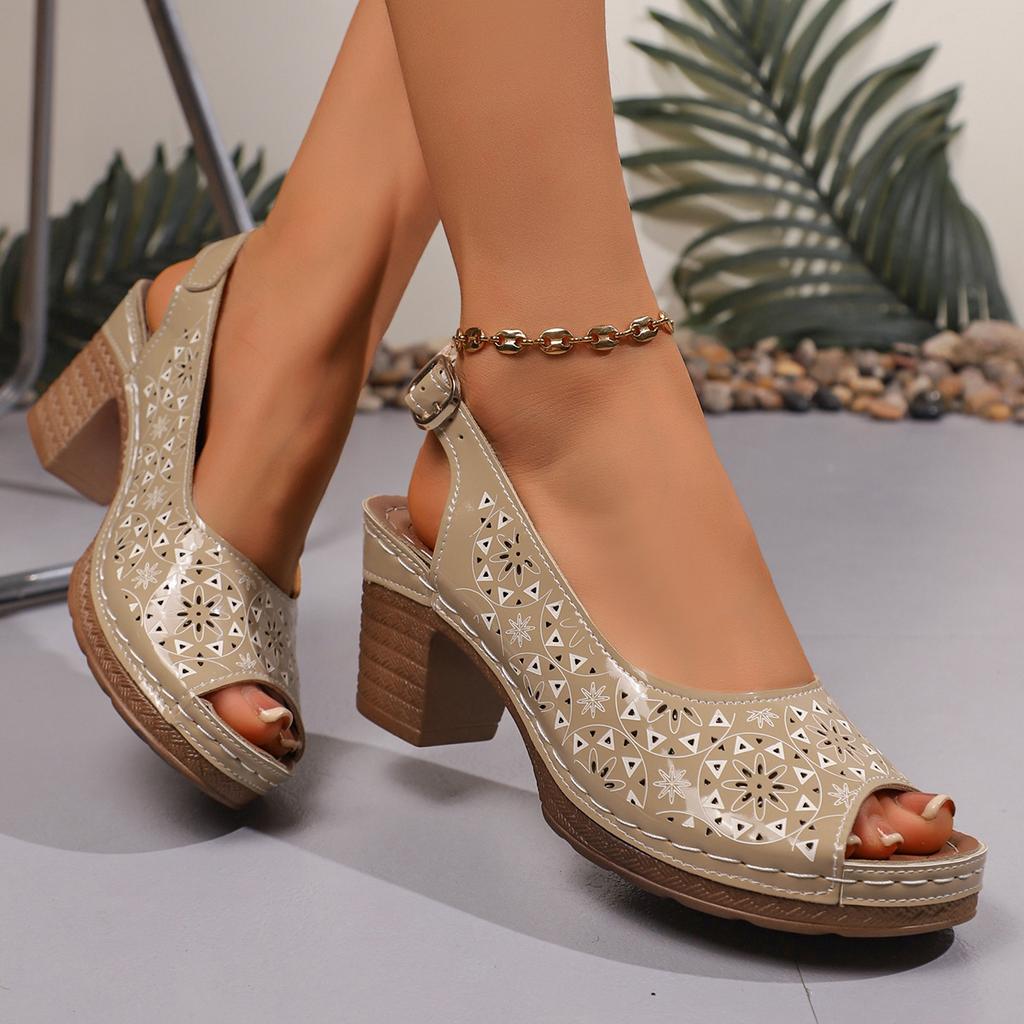 European & American Sandals for Women – Summer New Fashionable Versatile Peep-Toe One-Band Buckle Chunky High-Heel Sandals