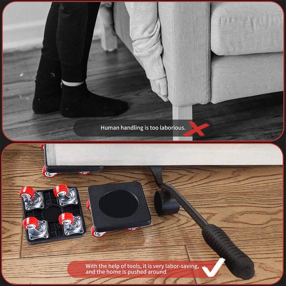 5Pcs 360° Wheels Furniture Lifter Set Straight/Bent Shank Moving Tool Set  Cabinet Moving