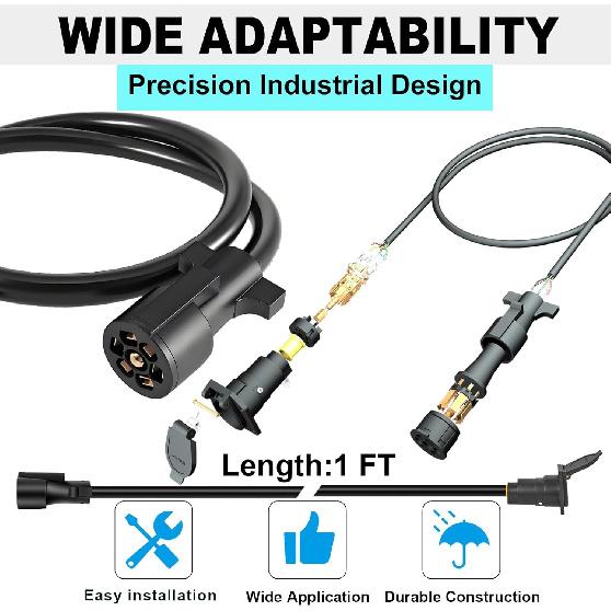 7-Way Trailer Extension Cord Wire Cable, 1 Feet 7 Way Trailer Extension Cable, Wiring Harness 7 Prong Tow Wiring Connector Cord 7 Blade Trailer