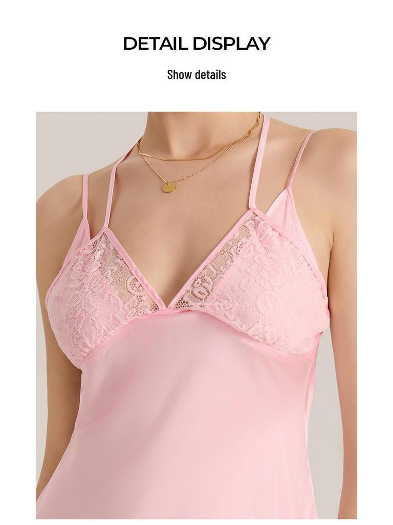 Elegante Camicia da Notte in Raso con Scollo all'Americana e Pizzo: Vestito corto da donna in seta di ghiaccio