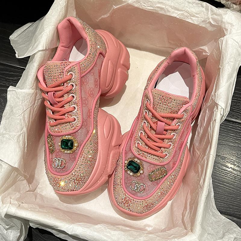 Women Luxury Shoes Vulcanized Sneakers Bling Rhineston Wedges Thick Bottom Platform Lace Up Comfortable Casual Shoe For Female