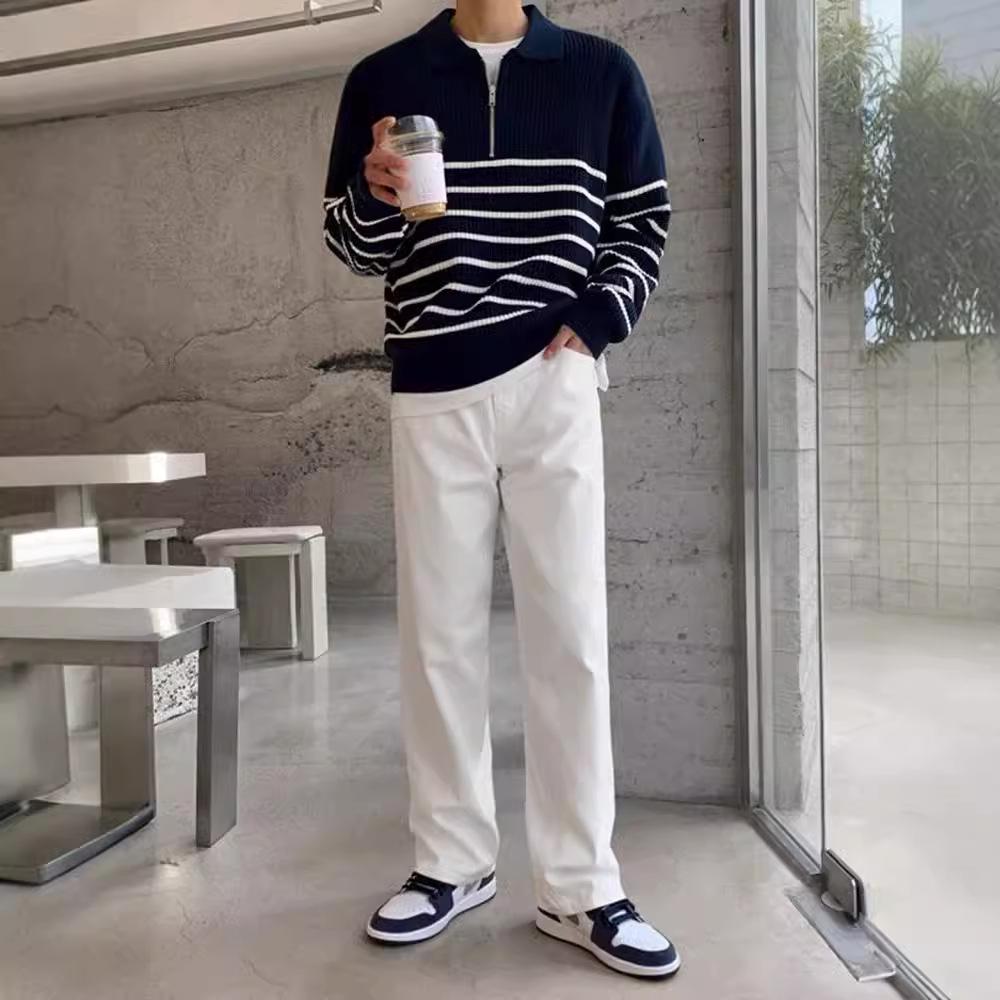 Men's Retro Korean Style Striped Half-Zip Sweater with Lapel