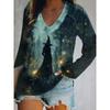 2025 Halloween Damen T-Shirts Grafik Hexe Elegant Vintage T-Shirts Langarm T-Shirts V-Ausschnitt Normale Oberteile Lässiger Pullover