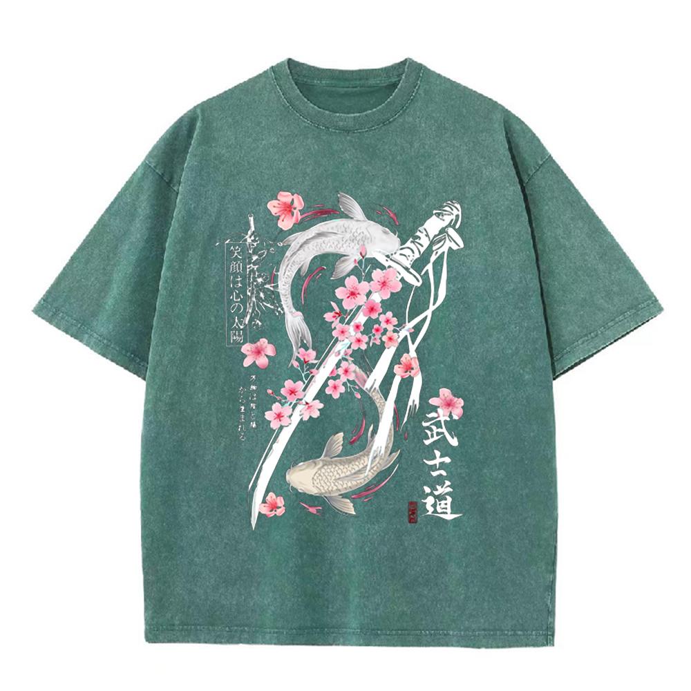 2026 Vintage Washed Black Japanese Koi Fish Samurai Sword Cherry Blossom Graphic T Shirt Bushido Kanji Retro Streetwear Oversize