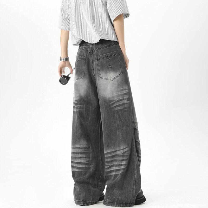 American high street retro jeans men's and women's loose wide-leg pants washed and old floor-mopping pants lightning pattern trousers ruffian handsome