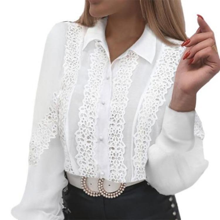 Women Shirt Blouse Lace Patchwork Solid Color Buttons Fashion Daily Wear Popular