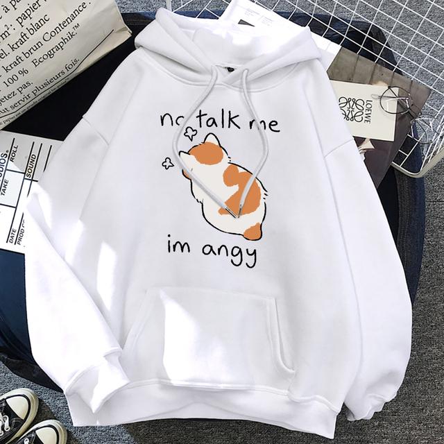 No Talk Me Cute Angry Cat Print Kvinner Hoody Hip Hop Myk Genser Uformell Fleece Genser Oversize Fleece Dame Streetwear