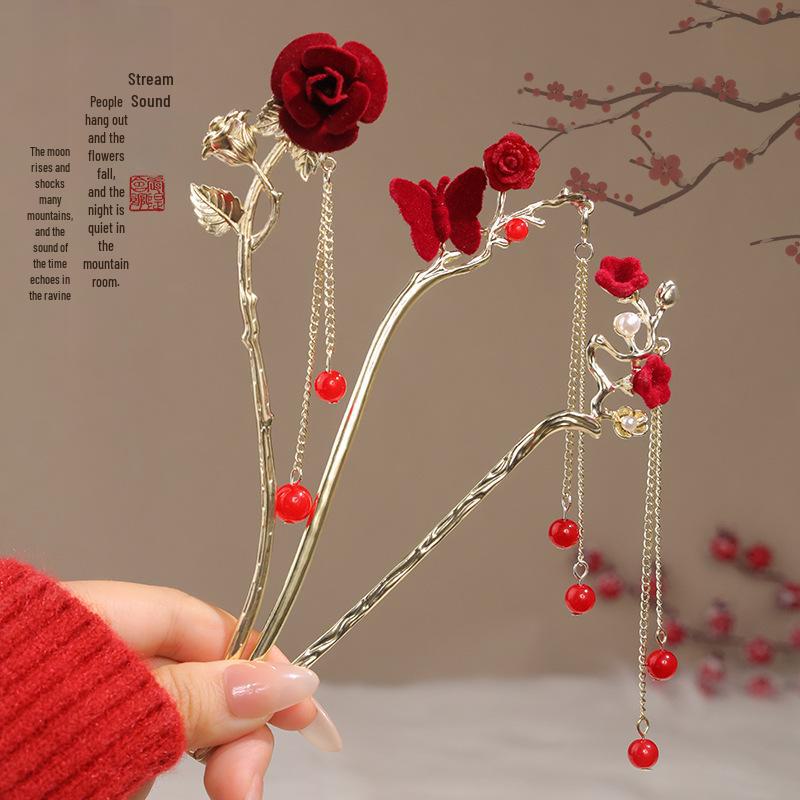Haarnadel mit roter Blume und Quaste im chinesischen Stil für Damen