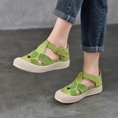 Runde Zehenpartie, ausgehöhlte, flache Sandalen aus echtem Leder, atmungsaktive und bequeme Damenschuhe
