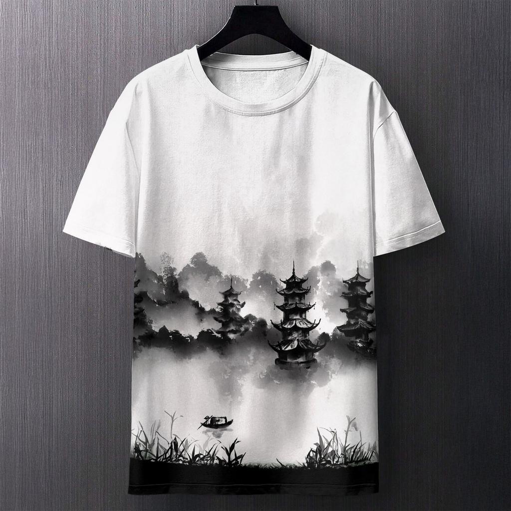 Summer Round Neck 3D Chinese Ink Landscape Print Top Fashionable Casual Short Sleeved Men's T-shirts