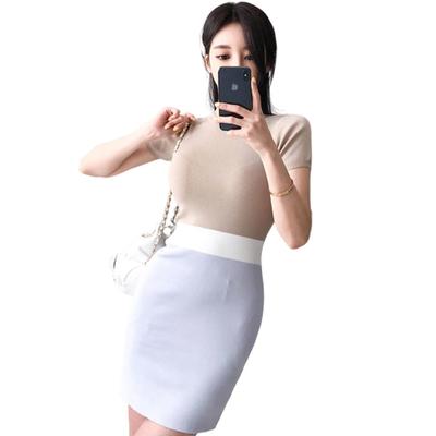 GRAXIA Knitted Mini Tight Perfect for Hostess and Short One Size Fits Beige and Gray Women's Dress, Fit, Hostesses, Clubs, Lounges, Sleeves, Stretchy,