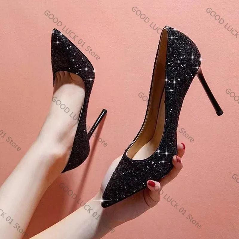 Fashion Fashion European Sexy Nightclub Slim High Heels Oversized Red Sole Women's Wedding Sequin Pointed Stiletto Heels Large Size 43