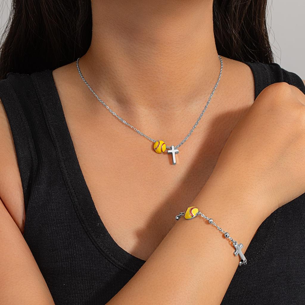Fashionable Softball Cross Necklace and Bracelet Set, Niche Design Sports-style Religious Belief Accessories