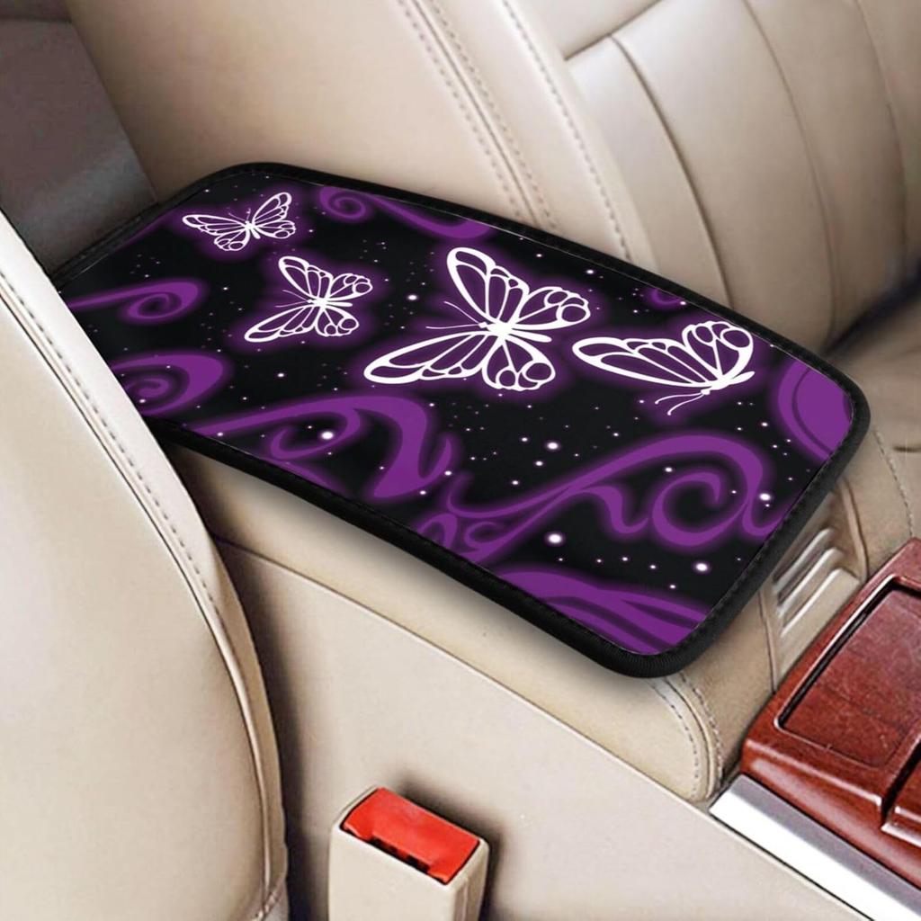 Universal Car Center Console Cushion Pad, Purple Butterfly Soft Waterproof Car Center Console Cover Auto Armrest Seat Box Cover Protector for Most