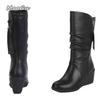 Autumn Winter Women's Mid-Calf Boots PU Black Wedge Botas Mujer Round Toe Side Zip Warm Plush Snow Boot Botas Para Mujer
