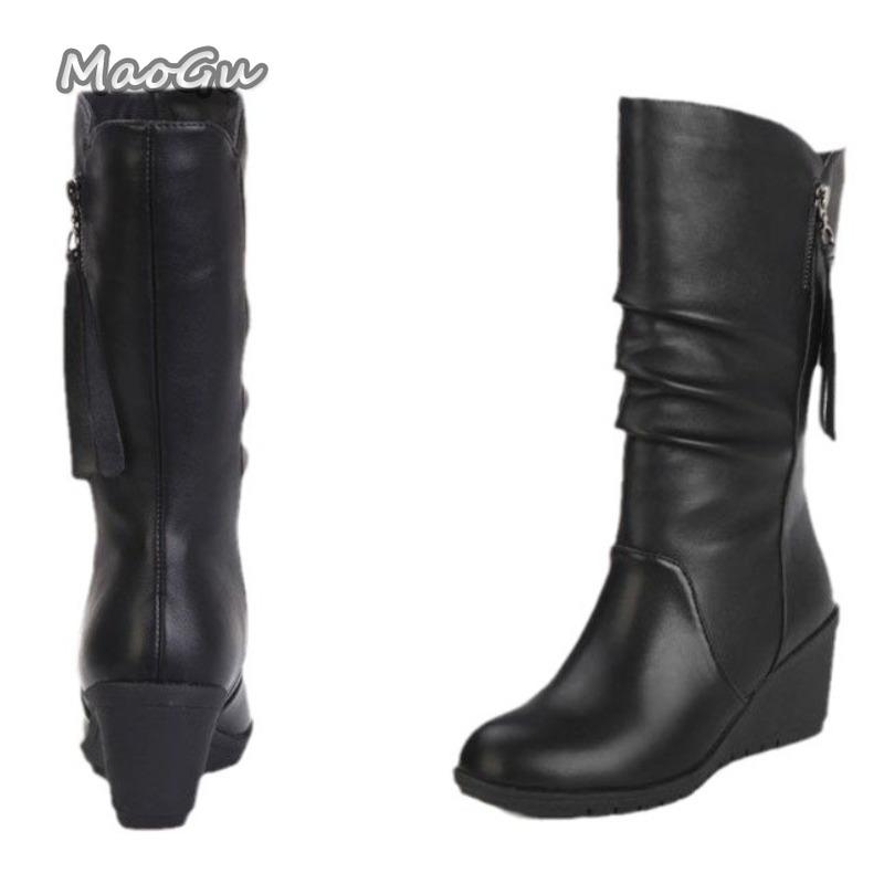 Autumn Winter Women's Mid-Calf Boots PU Black Wedge Botas Mujer Round Toe Side Zip Warm Plush Snow Boot Botas Para Mujer