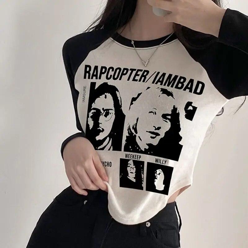 Y2k oblečení černobílý vzor portrétní potisk lem ve tvaru U raglánové rukávy triko s dlouhým rukávem jarní a podzimní dámské oblečení