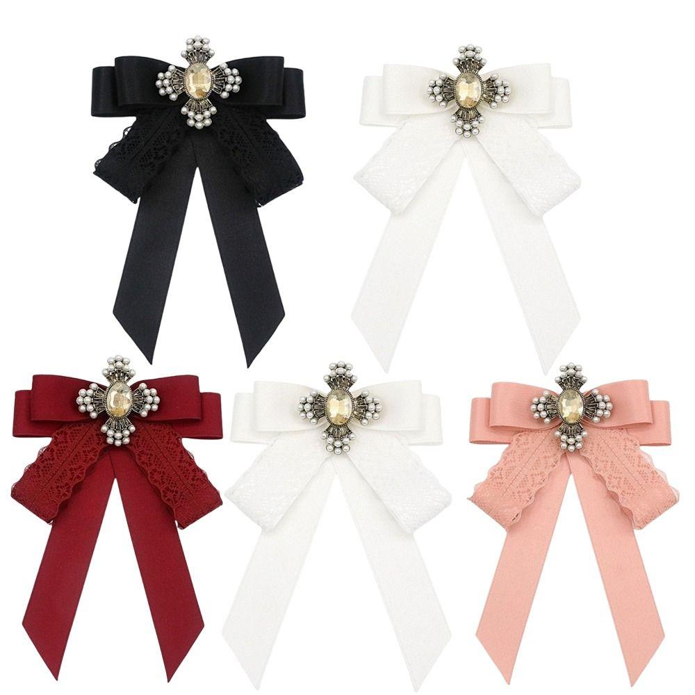 Rhinestone Crystal Ribbon Bow Brooch Polyester Shirt Collar Pin Neckline Decoration Brooches  Women