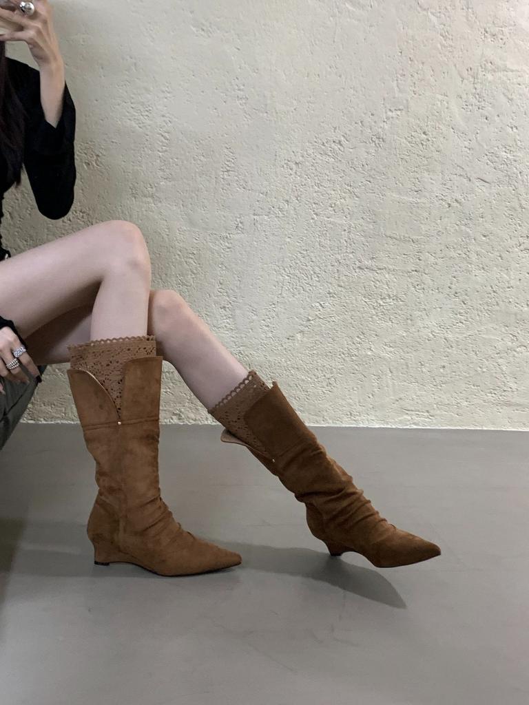 Wedge Heel Boots Children 2025 Autumn and Winter New Pointed Knight Boots Lace Becomes Knee High Boots