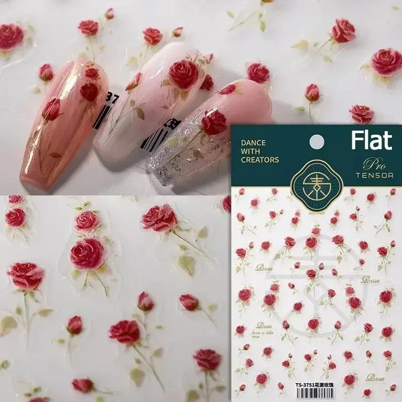 Cherry Blossom Pink Flower Sakura Spring 5D Nail Art Sticker Gold Stamping Soft Adhesive Relief Adhesive Chic Manicure Decals