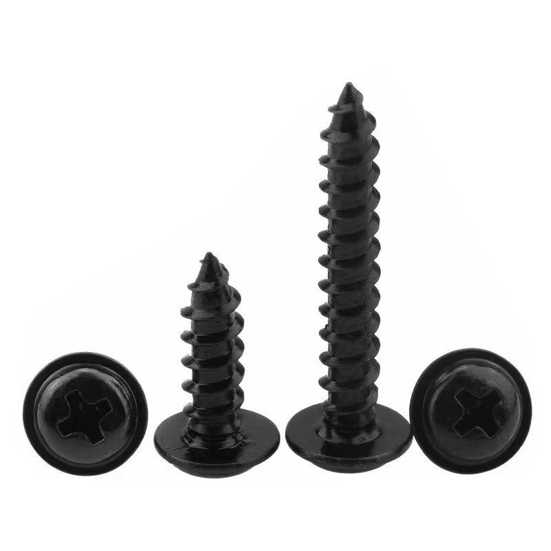 Black Carbon Steel Phillips Head Self-Tapping Screws with Washer, Pan Head, Sharp Tail, Sizes M1.4-M4.