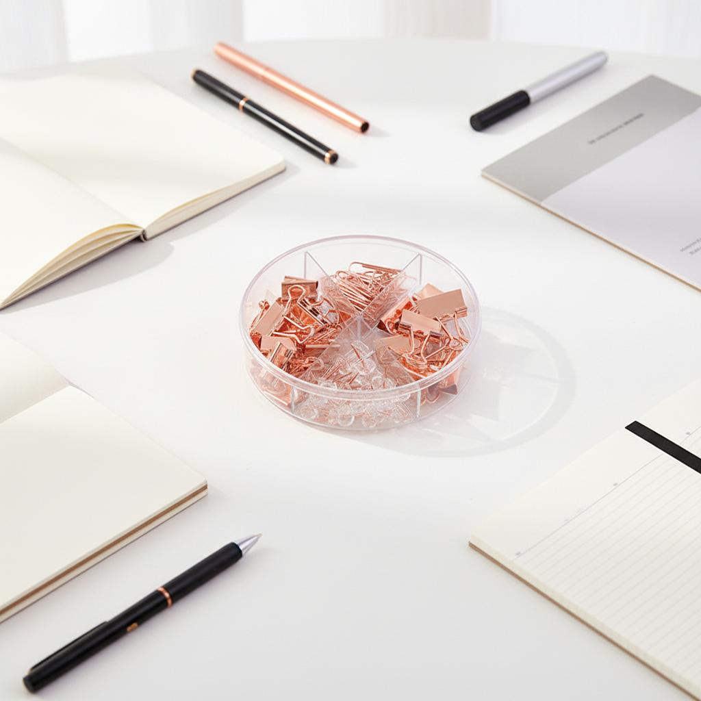 Office Supply Set - Binder Clips Paper Clips & Push Pins Combo with Storage Box for Desk Organization