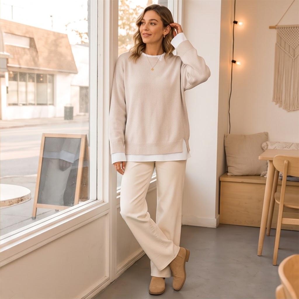 Women's Double Layer Collar Knit Pullover Sweater