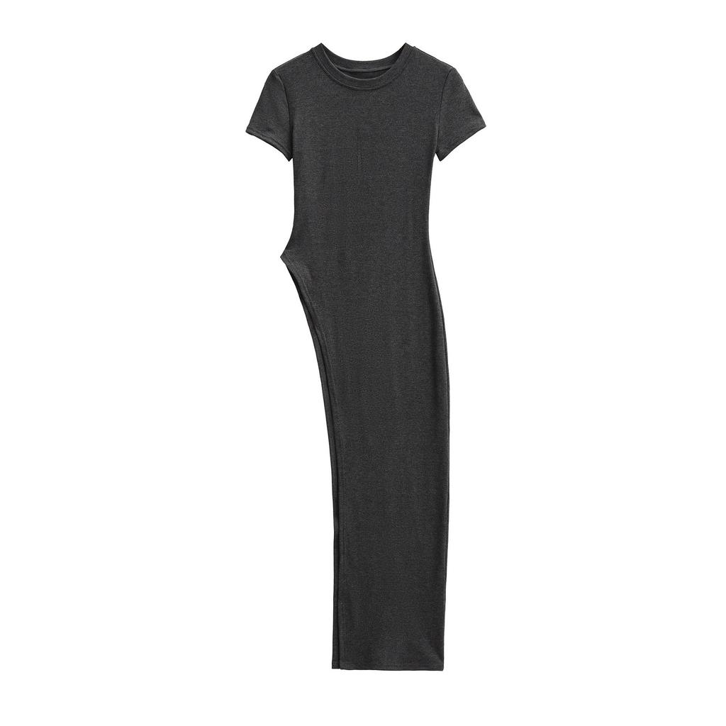 European & American Irregular Split Round Neck T-shirt Dress with Long & Short Sleeves – Women's Slim Fit Base Layer Top