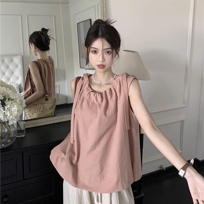 

Pink Korean-Style Lace-Up Sleeveless Women s Top - Retro Casual Vacation T-Shirt Extra Small