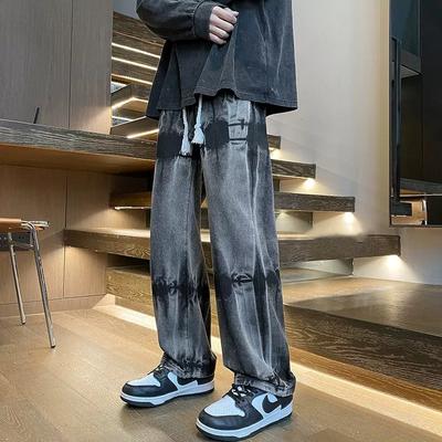 European and American High Street Pants Ins Trendy Brand Tie-dye Retro Drawstring Jeans Men's American Straight-leg Pants