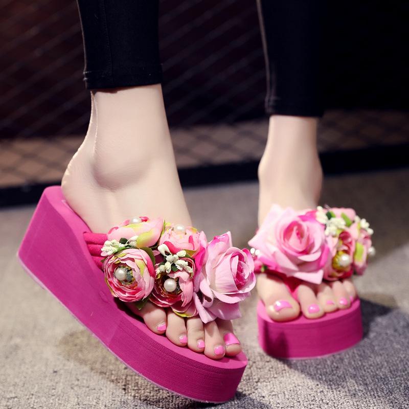 Fashion Platform Sandals 2024 Summer Fashion Women Flip Flops Wedge Beach Slides Flower Pearl Ladies Outside Thick Sole Bohemian Sandals