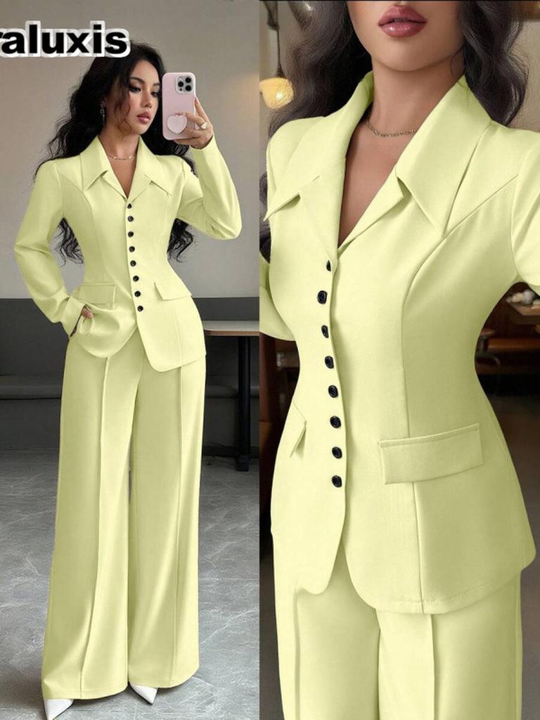 Autunno Elegante Collo Alto Manica Lunga Vestibilità Larga Gamba Dritta Pantaloni Set Due Pezzi Donna
