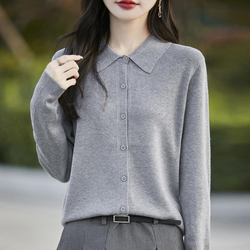 Women's Spring 2025 Lapel Cardigan Sweater - Knitwear Shirt Collar Base Layer or Outerwear Top