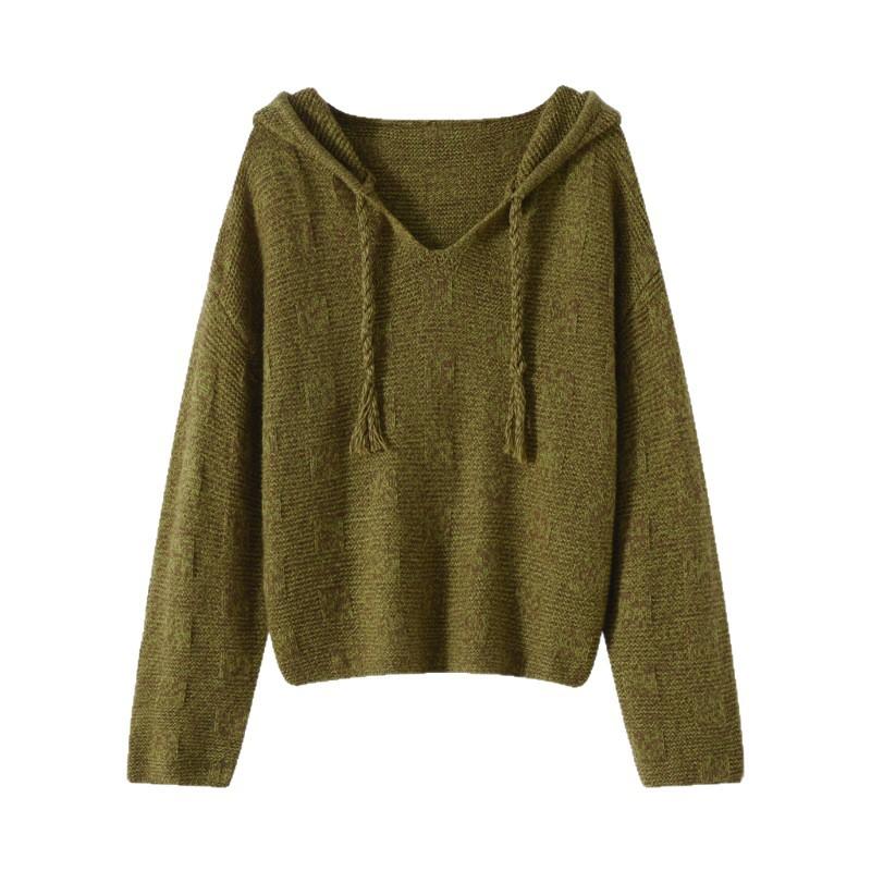 Autumn And Winter New Worsted Wool Hooded Knitted Sweater Long-Sleeved Women'S Solid Color Loose Pullover Bottoming Shirt Top