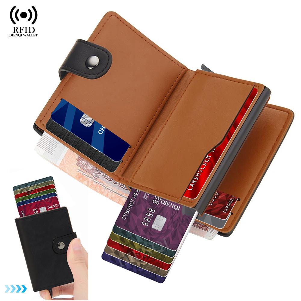 Pu Leather Credit Card Holder Luxury Id Cardholders Pop Up Metal Mini Minimalist Wallet for Women Men Coin Purse  Badge Holder