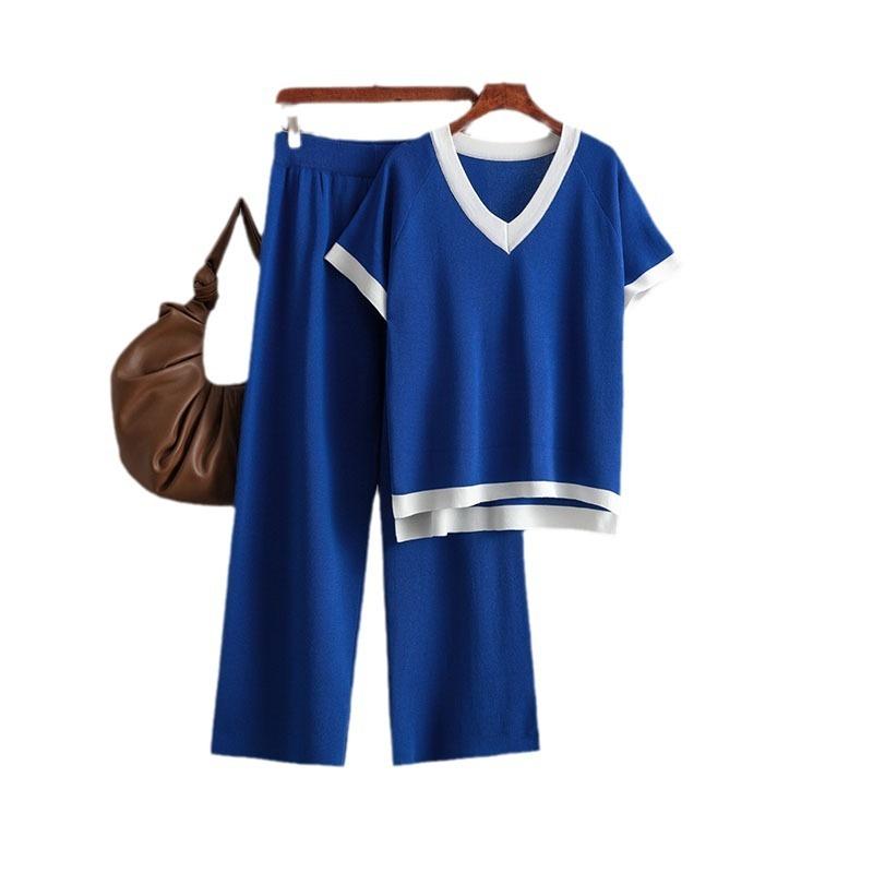 Simple and Fashionable Collar Short-sleeved Knitted Sweater High Waist and Thin Drape Trousers Contrasting Color Knitted Two-piece Set