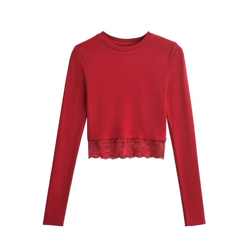 Retro Lace Hem Long Sleeve Spicy Girl Fitted Top