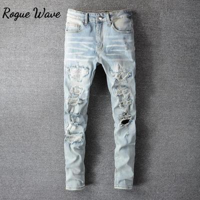 RogueWave Herren Kristalllöcher Ripped Patchwork Jeans Streetwear Hellblauer Denim Slim Skinny Bleistifthose