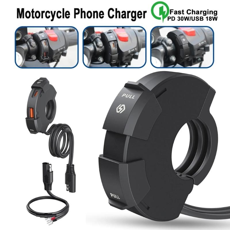 Motorcycle Handlebar Mount Charging Adapter SAE To USB & Type-C Socket for Cellphone Tablet Scooters Power Outlet