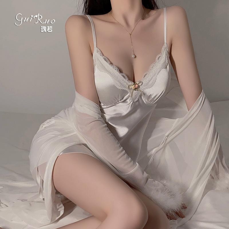 Women's Butterfly Padded Backless Cami Sleep Dress with Robe Lounge Set