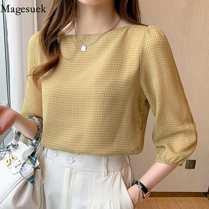 Šifonová halenka s krátkým rukávem Dámská letní elegantní kostkovaná Lucerna Rukávy Volné Módní Halenka s výstřihem Dámské oblečení 15214