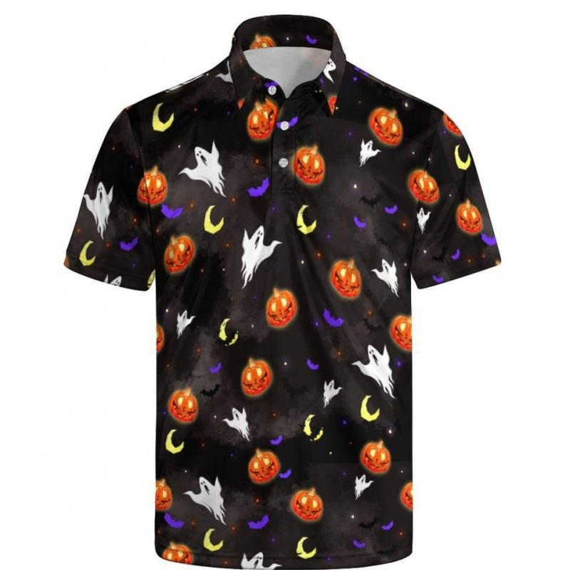 Dinosaur Skull Print Short Sleeve Polo Shirt, Fun Tropical Pattern Top