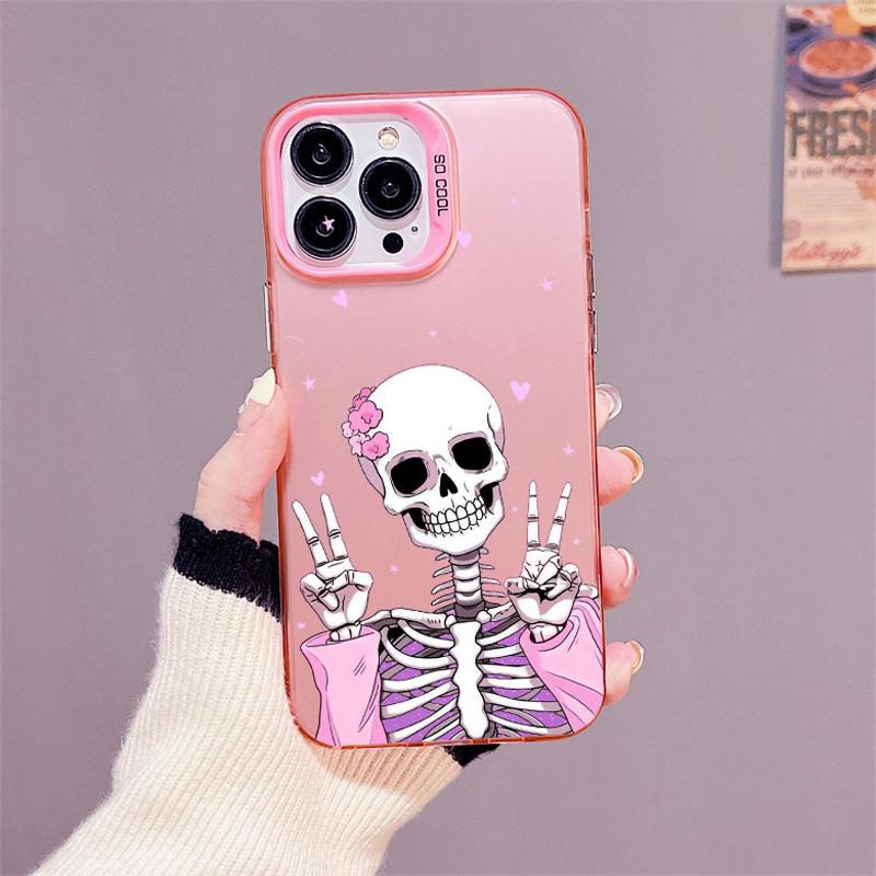 Fashion Pink Skeleton Ghost Laser Phone Case for iPhone 16 12 13 Mini 11 Pro Max 14 15 Pro Max 16 15 14 Plus Shockproof Covers