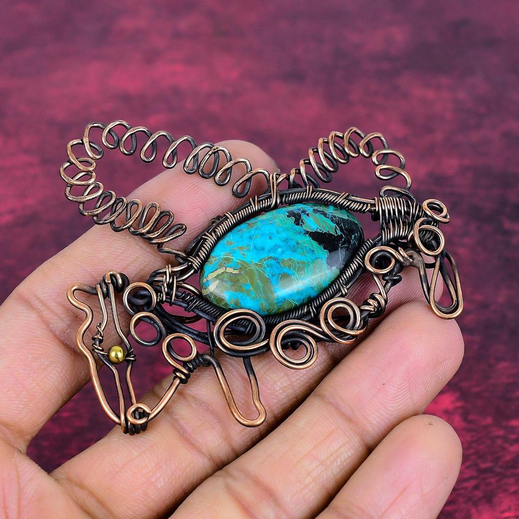 Chrysocolla Gemstone Pendant Copper Wire Wrapped Handmade Jewelry Rabbit Pendant