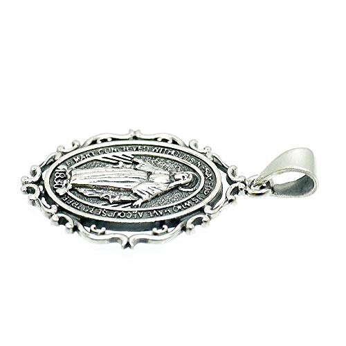 Silver One Sterling Silver 925 Miraculous Medal Virgin Mary Antique Pendant Top for Men, 1/4 Inch (mm), Arabesque Design